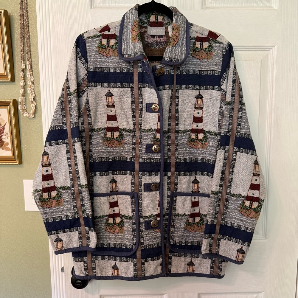 Blair Nautical Tapestry Button-Front Jacket - Gray, Navy women’s medium